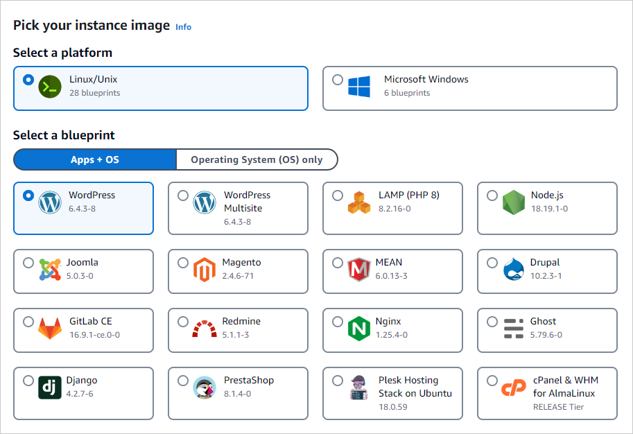 AWS Lightsail에 워드프레스 설치하기 3 인스턴스 이미지 생성 OS 선택 이미지