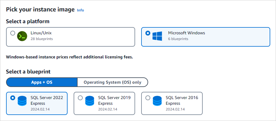 AWS Lightsail에 워드프레스 설치하기 4 인스턴스 이미지 생성 윈도우 OS 선택 이미지