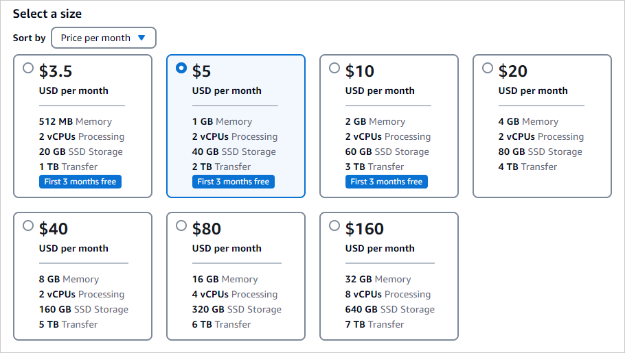 AWS Lightsail에 워드프레스 설치하기 8 인스턴스 사이즈별 가격표 이미지